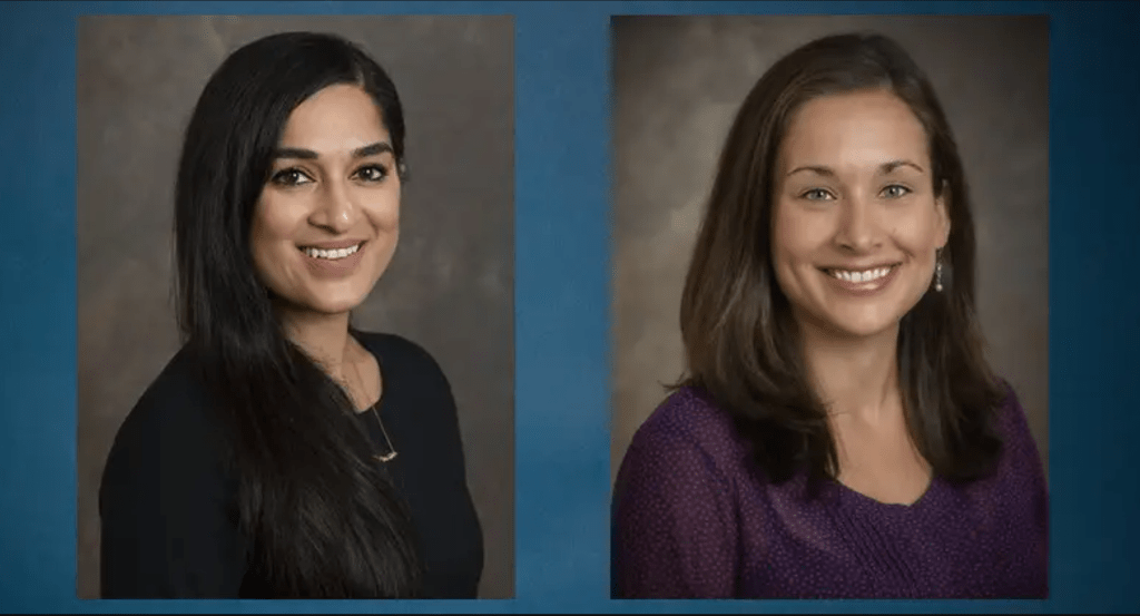 Two portraits of smiling women. On the left is Jai, wearing a black dress and her long black hair pulled over to a shoulder. On the right is Naomi, a woman with brown hair smiling at the camera. She is wearing a purple top and a silver dangling earring is visible from her left ear. 
