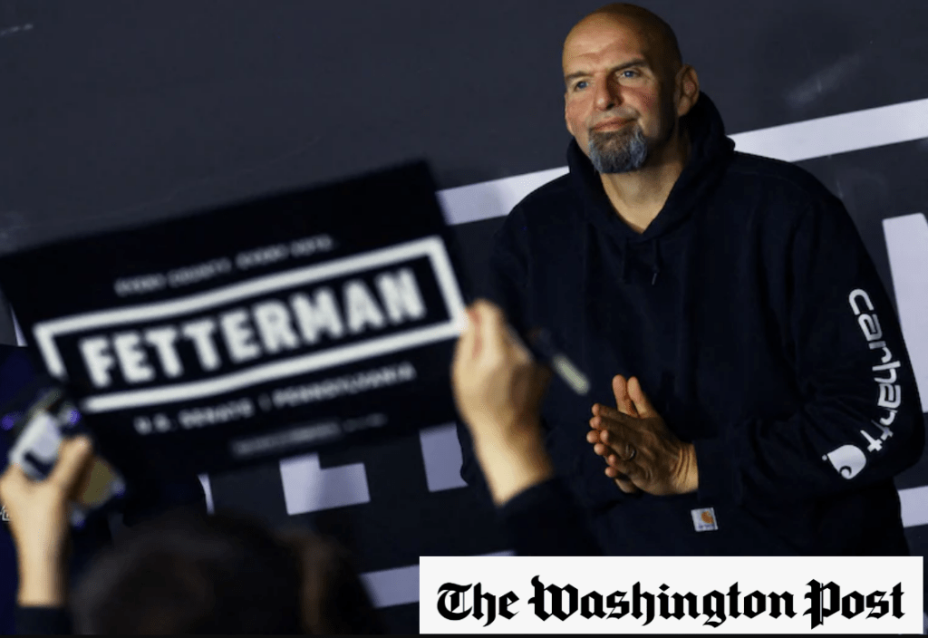 photo of Senator-elect john fetterman at a rally. Washington Post logo is at the bottom of the image.
